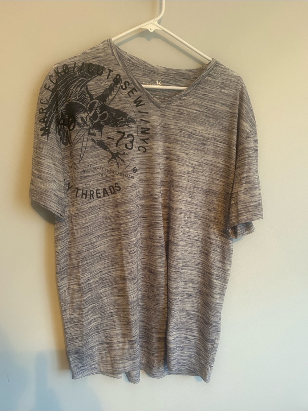 Marc Ecko Gray Marled V-Neck Tee with Black Shoulder Graphic